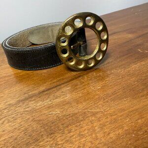 Vintage Hippy Black Belt, Brass Tone Buckle, Unisex